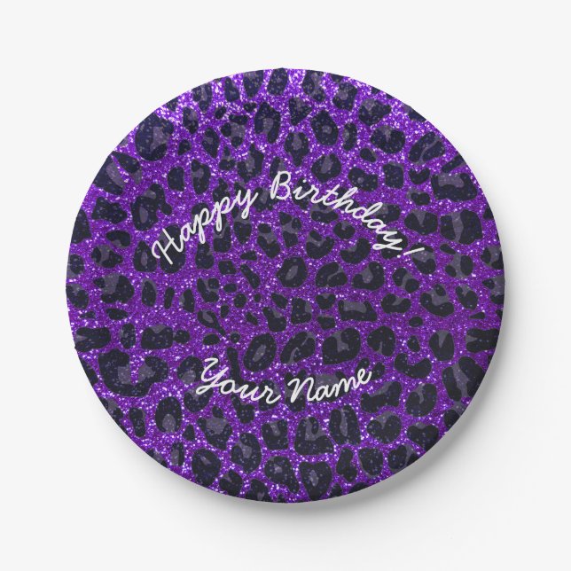 Happy Birthday indigo purple glitter leopard Paper Plates (Front)