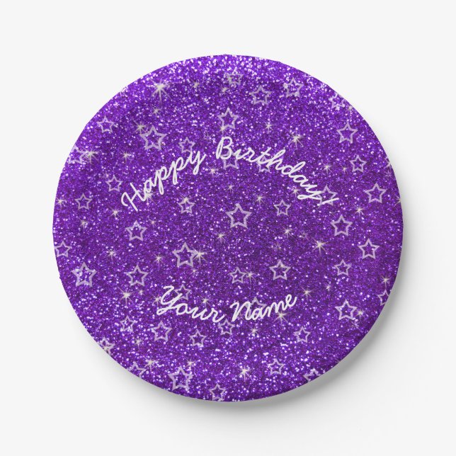 Happy Birthday indigo purple glitter stars Paper Plates (Front)