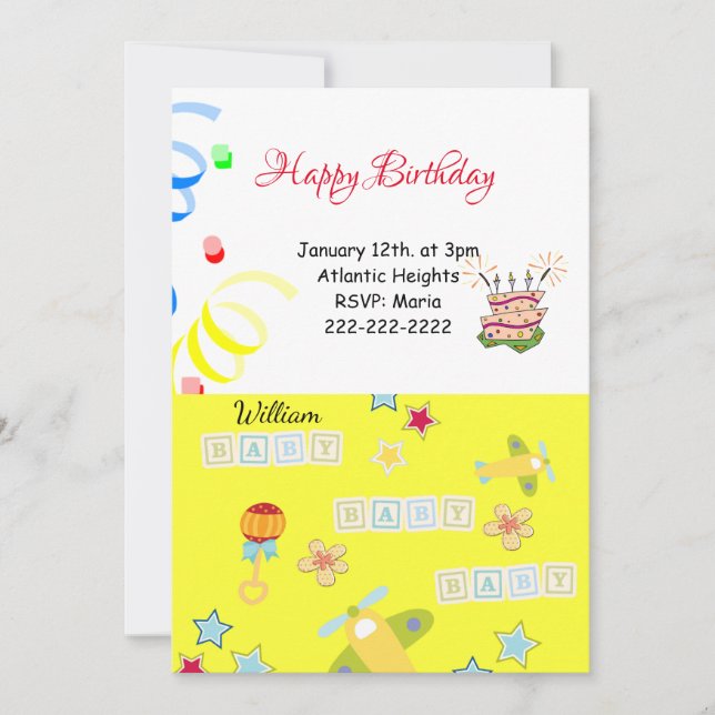 Happy Birthday Invitation Airplane Yellow Baby (Front)