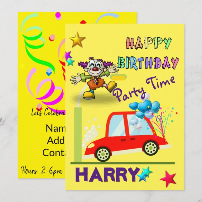 Happy Birthday Invitation Clown Car Yellow (Front/Back)