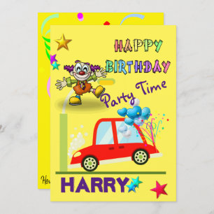 Happy Birthday Invitation Clown Car Yellow