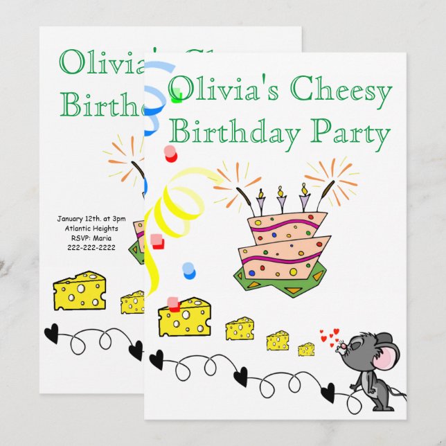 Happy Birthday Invitation Mousey Cheesy Party  (Front/Back)