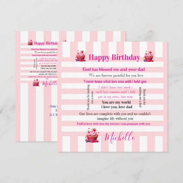 Happy Birthday Invitation Pink & White Stripe (Front/Back)