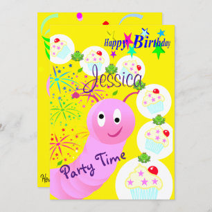 Happy Birthday Invitation Pink Worm Cupcakes