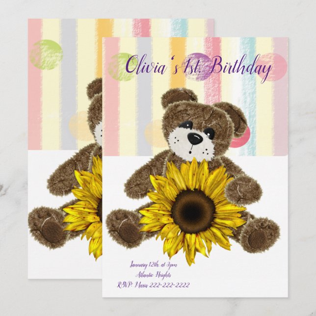 Happy Birthday Invitation Teddy Bear Pastel Stripe (Front/Back)