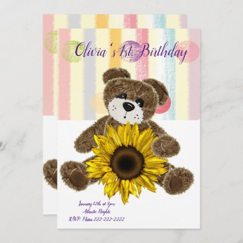 Happy Birthday Invitation Teddy Bear Pastel Stripe