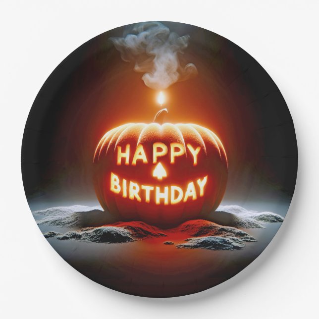 Happy Birthday Jack-o-lantern Candle Paper Plates (Front)