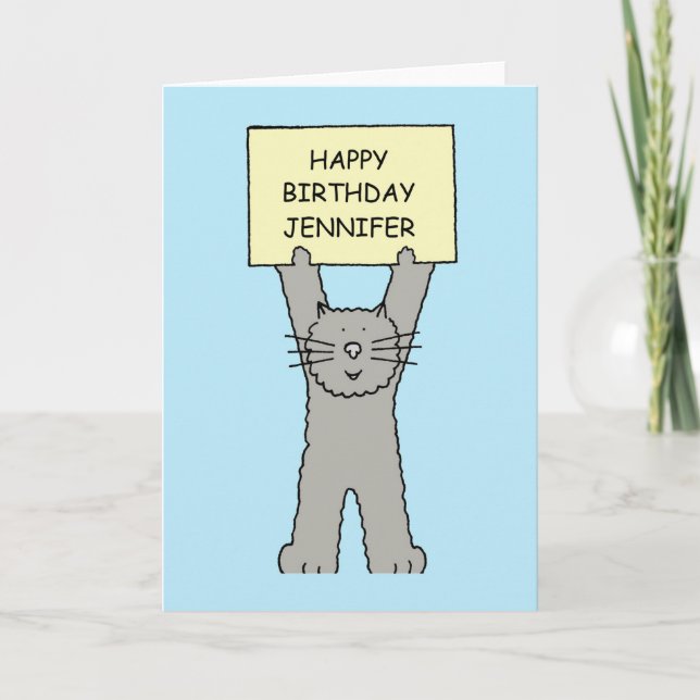 Happy Birthday Jennifer Cartoon Cat Card (Front)