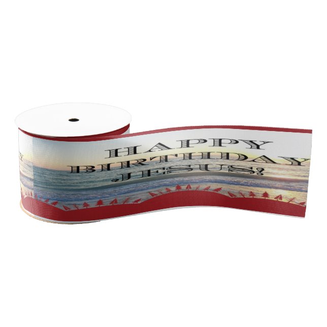 Happy Birthday Jesus and Red Christmas Trees Grosgrain Ribbon (Spool)