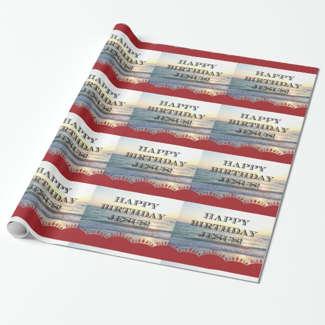 Happy Birthday Jesus and Red Christmas Trees Wrapping Paper (Unrolled)