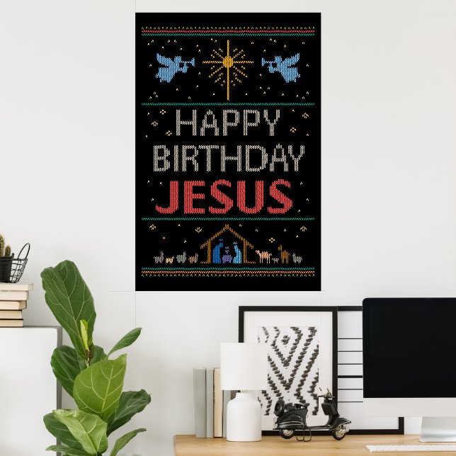 Happy Birthday Jesus Christmas Christian Christ Poster (Home Office)