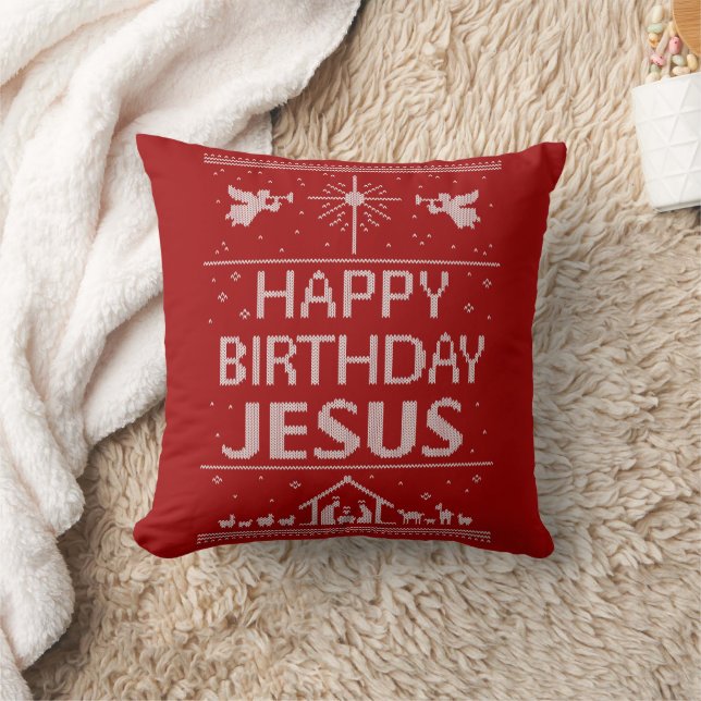 Happy Birthday Jesus Christmas Christian Red White Throw Pillow (Blanket)