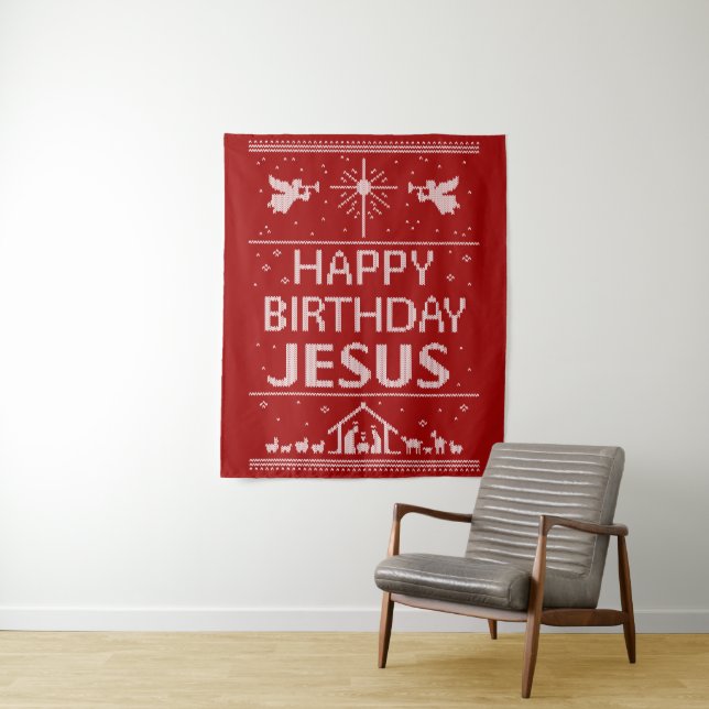 Happy Birthday Jesus Christmas Knit Religious Red Tapestry (In Situ)