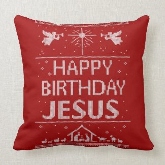 Happy Birthday Jesus Christmas Religious Red White Throw Pillow