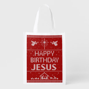 Happy Birthday Jesus Christmas Sweater Christian Grocery Bag
