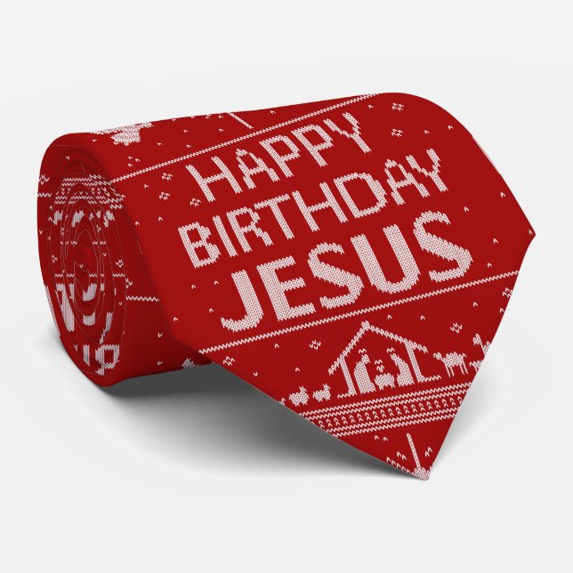 Happy Birthday Jesus Christmas Sweater Christian Neck Tie (Rolled)