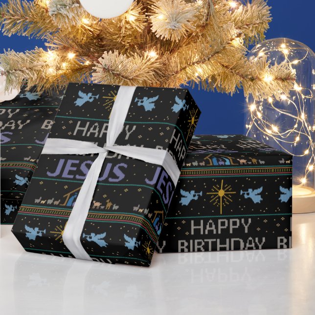 Happy Birthday Jesus Christmas Sweater Christian Wrapping Paper (Holidays)