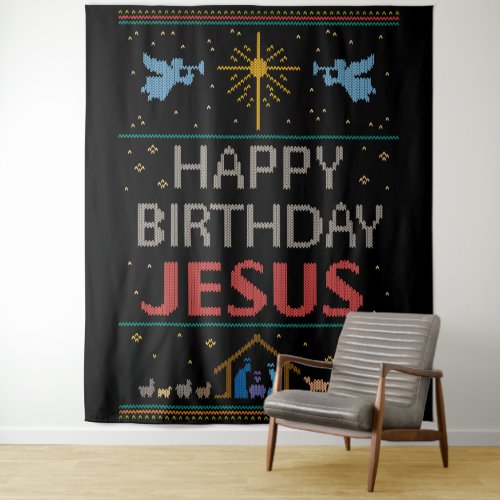 Happy Birthday Jesus Christmas Sweater Religious Tapestry