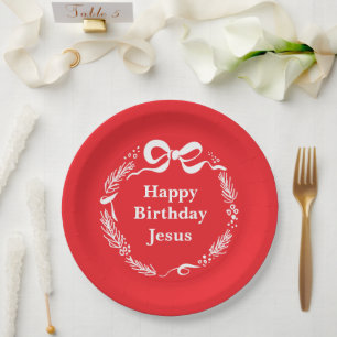 Happy Birthday Jesus Hand Drawn Bow Christmas Paper Plates
