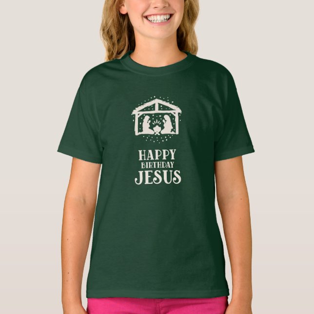 Happy Birthday Jesus Nativity Scene Christmas T-Shirt (Front)
