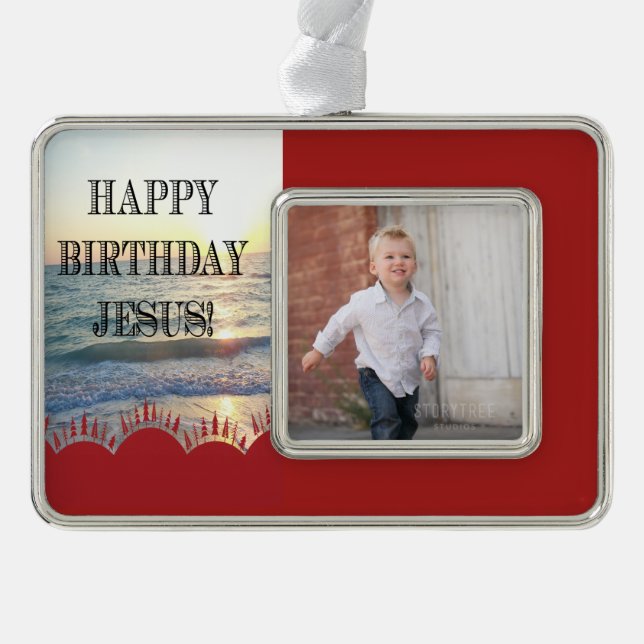 Happy Birthday Jesus Over the Ocean Silver Plated Framed Ornament (Front)