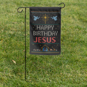 Happy Birthday Jesus Ugly Christmas Sweater Design Garden Flag