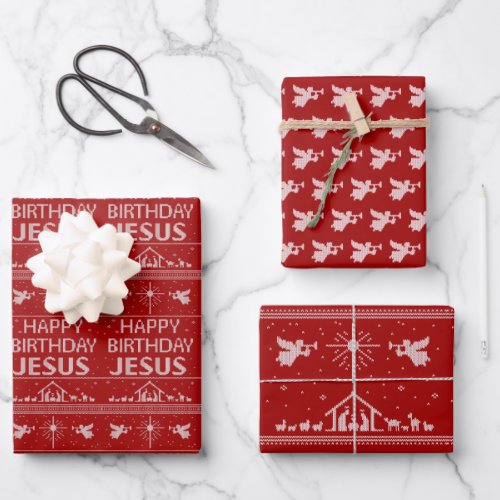 Happy Birthday Jesus Ugly Christmas Sweater Design Wrapping Paper Sheets