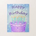 Happy Birthday Jigsaw Puzzle<br><div class="desc">Happy Birthday with purple cake, blue candles and stars</div>