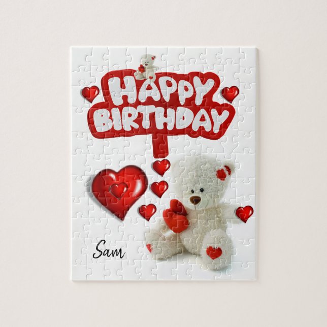 Happy Birthday Jigsaw Puzzle White Teddy Bear (Vertical)