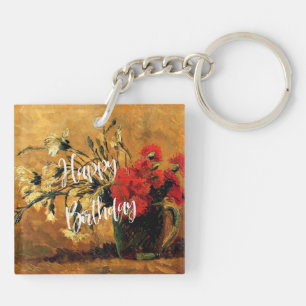 Happy Birthday, Jug with Red and White Carnations Keychain