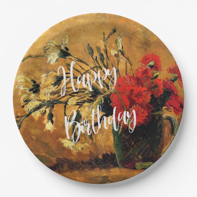 Happy Birthday, Jug with Red and White Carnations Paper Plates (Front)