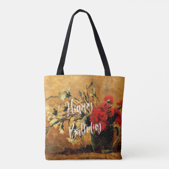 Happy Birthday, Jug with Red and White Carnations Tote Bag (Back)