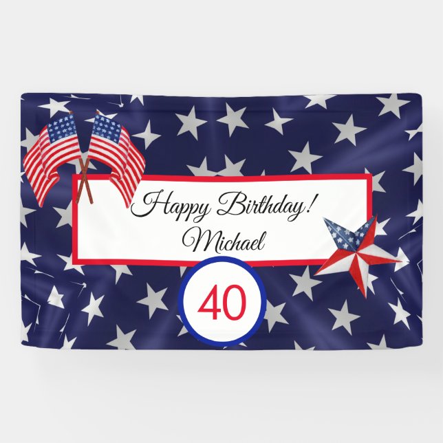 Happy Birthday July 4th Stars and Stripes Banner (Horizontal)