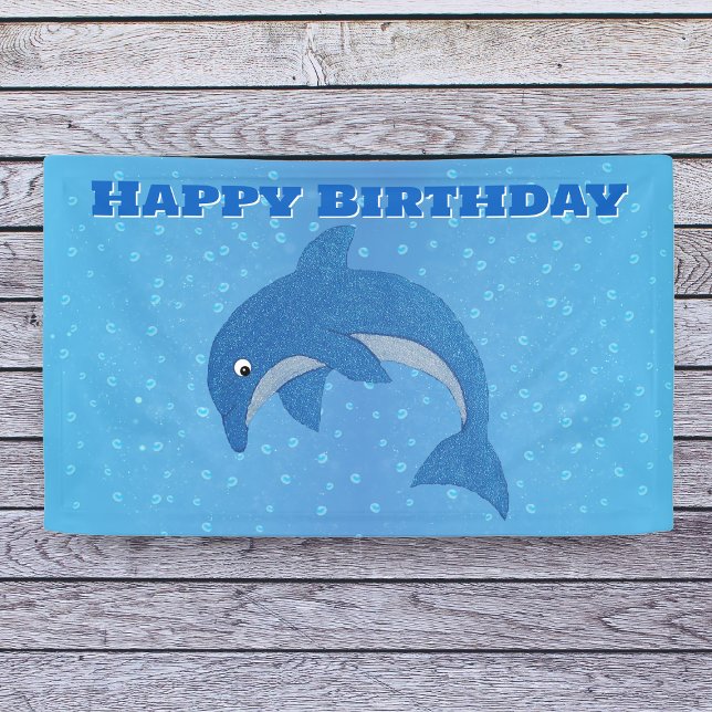 Happy Birthday Jumping Sparkle Like blue Dolphin Banner (Blue sparkling dolphin jumping with water bubbles on bright blue Happy Birthday party banner for kid)