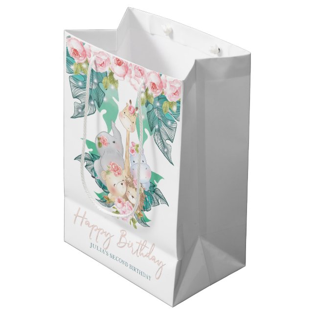Happy Birthday Jungle Animals Girl Birthday Medium Gift Bag (Front Angled)