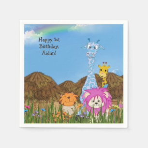 Happy Birthday jungle animals with huts Paper Napkins