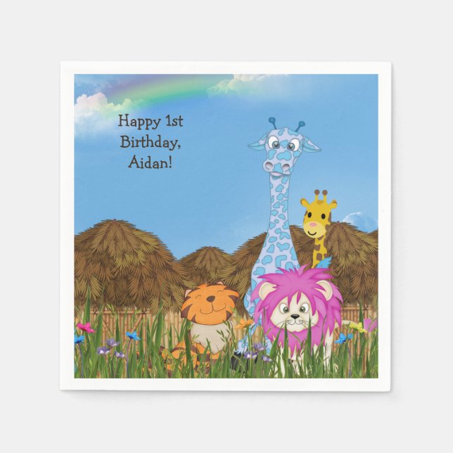 Happy Birthday jungle animals with huts Paper Napkins (Front)