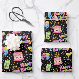 Happy Birthday Kawaii Art Party Wrapping Paper Sheets