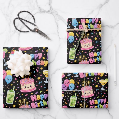 Happy Birthday Kawaii Art Party Wrapping Paper Sheets