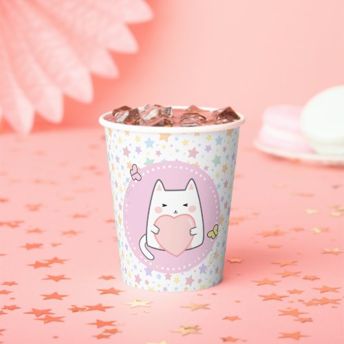 Happy Birthday Kawaii Cat with a love Heart Paper Cups