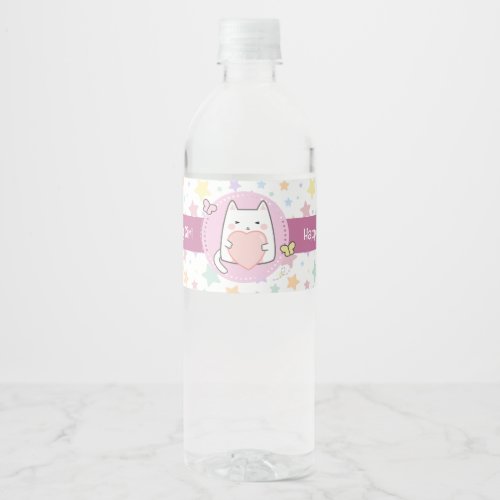Happy Birthday Kawaii Cat with a love Heart Water Bottle Label