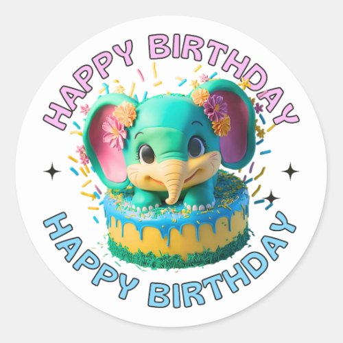 Happy Birthday Kawaii Elephant Classic Round Sticker