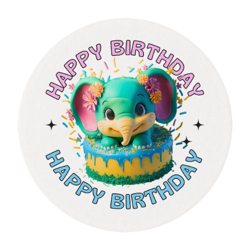 Happy Birthday Kawaii Elephant  Edible Frosting Rounds