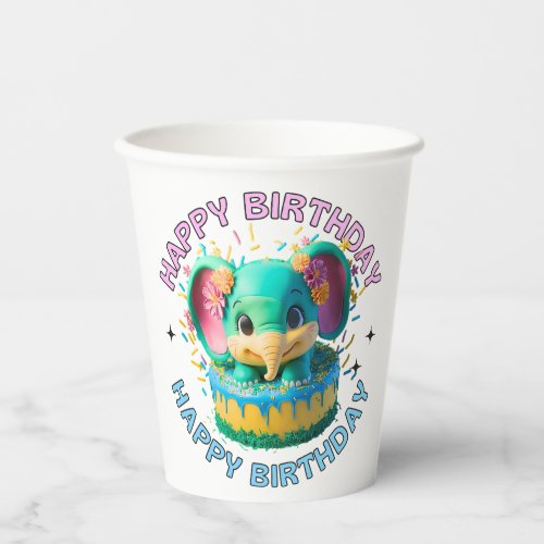 Happy Birthday Kawaii Elephant  Paper Cups