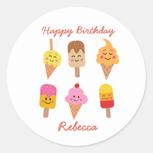 Happy Birthday Kawaii Ice Cream Popsicle  Classic Round Sticker