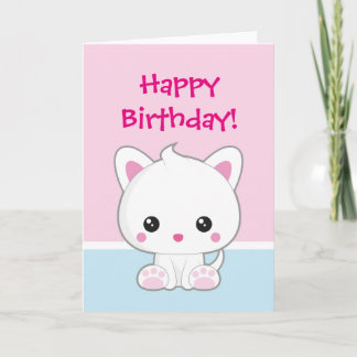 Happy Birthday Kawaii White Cat Card