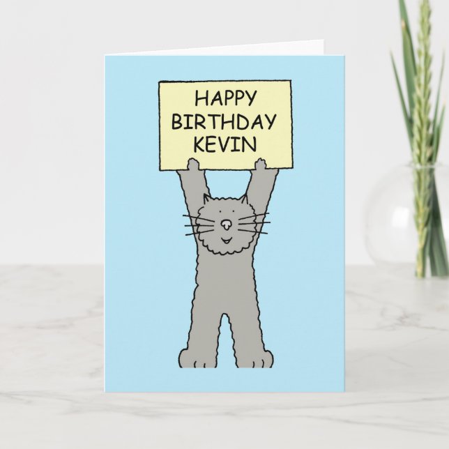 Happy Birthday Kevin Cartoon Cat Card (Front)