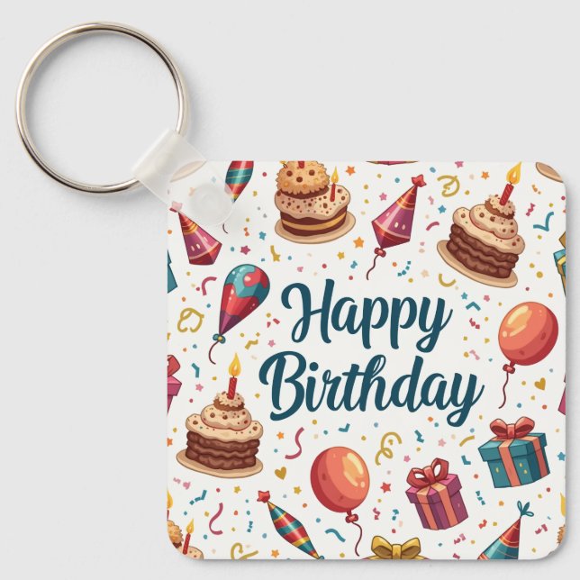 Happy Birthday Keychain with Balloons and Cake (Front)