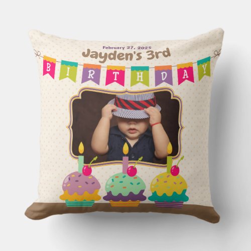 Happy Birthday Kid Colorful Cupcakes Bunting Photo Throw Pillow