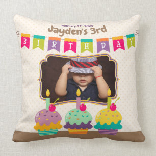 Happy Birthday Kid Colorful Cupcakes Bunting Photo Throw Pillow
